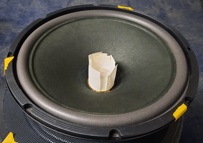REL Q100E woofer without dust cap with shims in place for centering